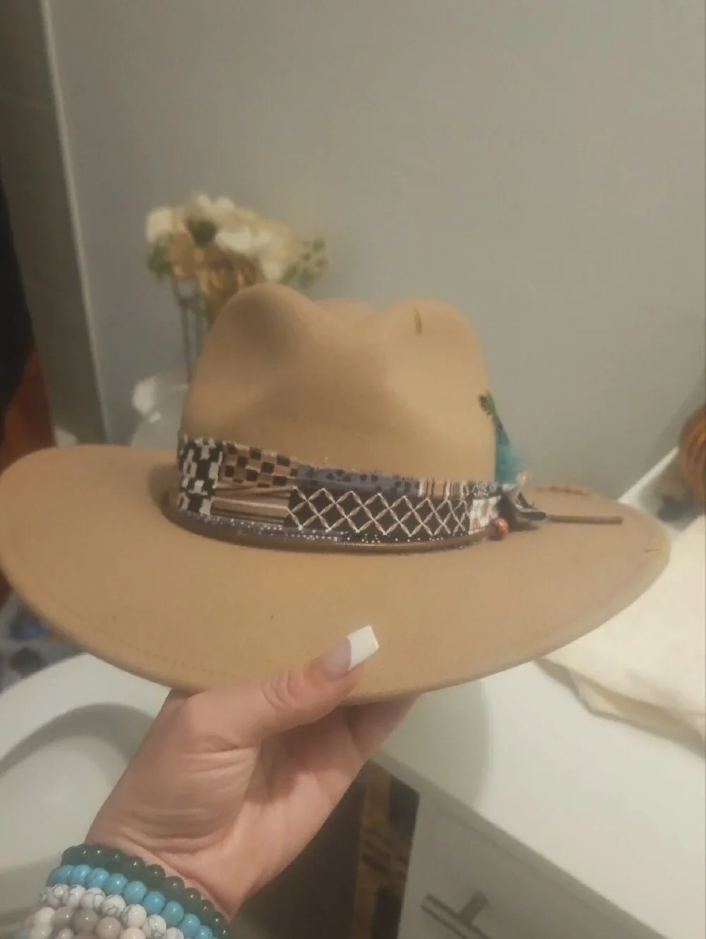 Women's Tan Felt Fedora Hat with Decorative Band and Feathers